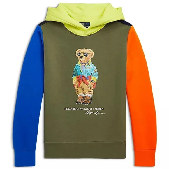 Polo Ralph Lauren Boys Bear Colorblock Hoodie Sweater Fleece Olive Sz: 7, 10-11 - Picture 1 of 1